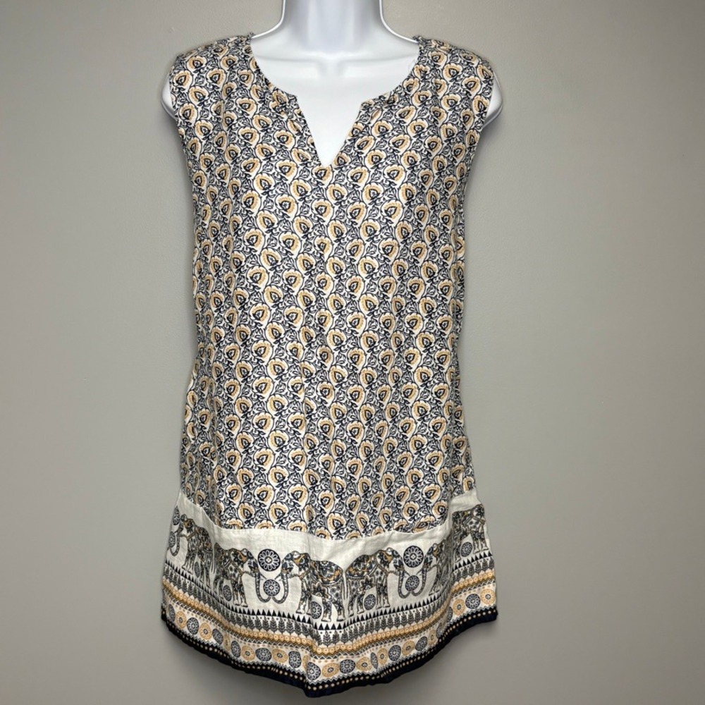 J.Jill Love Linen Floral Artsy‎ Elephant Boho Light Sleeveless Tunic Top Women L